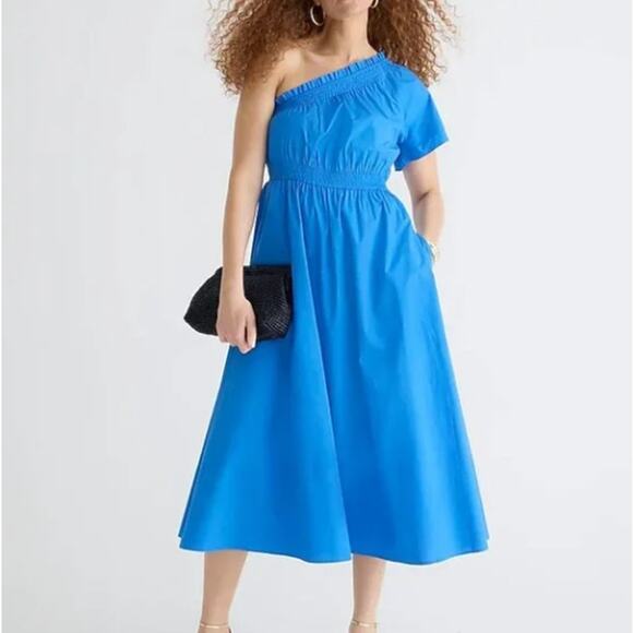 J. CREW Smocked One-shoulder Dress Cotton Poplin Cerulean Blue Sz XXS NWT {AA16} - Picture 1 of 4